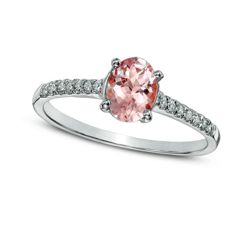 Oval Morganite and Natural Diamond Accent Ring in Solid 10K White Gold