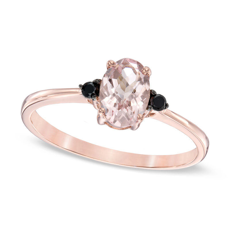 Oval Morganite and Enhanced Black Natural Diamond Accent Ring in Solid 10K Rose Gold