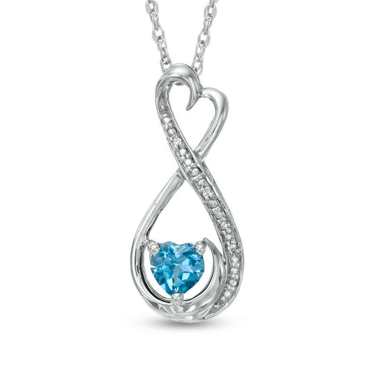 5.0mm Heart-Shaped Blue Topaz and Natural Diamond Accent Infinity Heart "MOM" Pendant in Sterling Silver