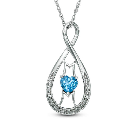 5.0mm Heart-Shaped Blue Topaz and Natural Diamond Accent "MOM" Infinity Pendant in Sterling Silver