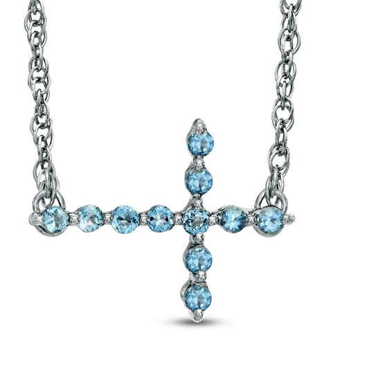 Blue Topaz Sideways Cross Necklace in Sterling Silver