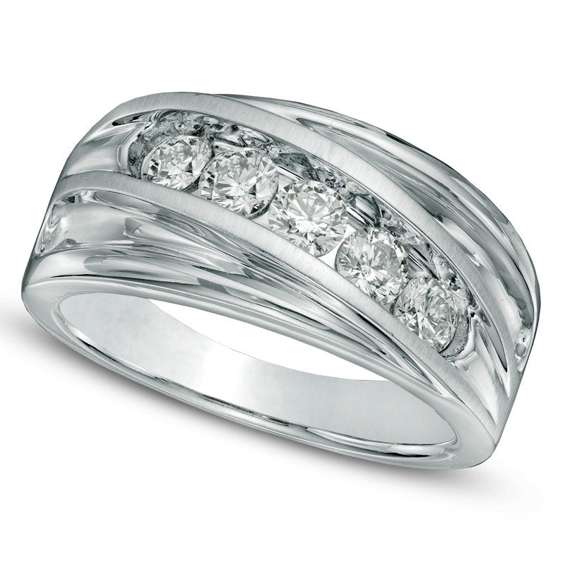 Men's 1.0 CT. T.W. Natural Diamond Five Stone Slant Wedding Band in Solid 14K White Gold