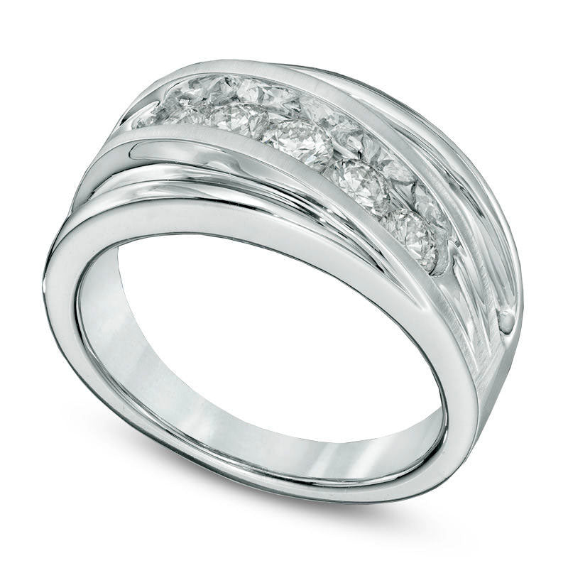 Men's 1.0 CT. T.W. Natural Diamond Five Stone Slant Wedding Band in Solid 14K White Gold