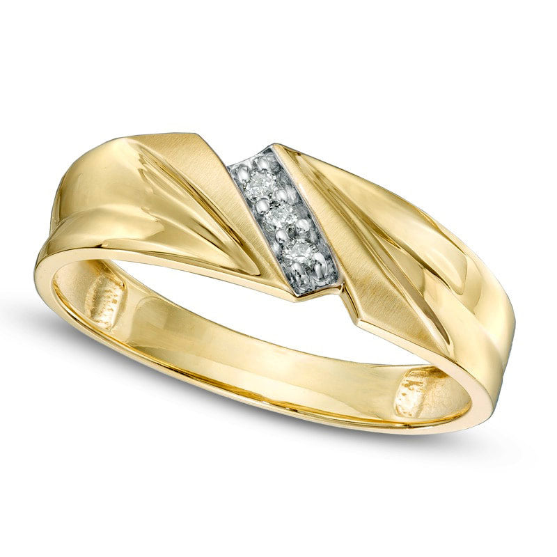 Men's Natural Diamond Accent Three Stone Slant Ring in Solid 10K Yellow Gold