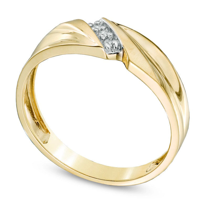 Men's Natural Diamond Accent Three Stone Slant Ring in Solid 10K Yellow Gold