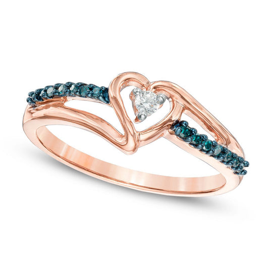 0.10 CT. T.W. Enhanced Blue and White Natural Diamond Heart Promise Ring in Solid 10K Rose Gold