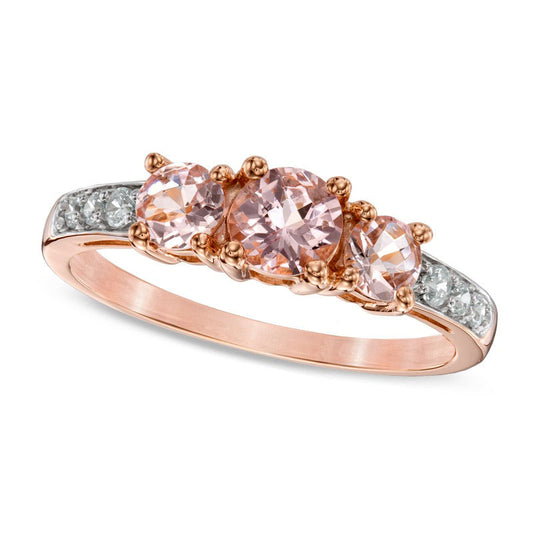 5.0mm Morganite and 0.10 CT. T.W. Natural Diamond Three Stone Engagement Ring in Solid 10K Rose Gold