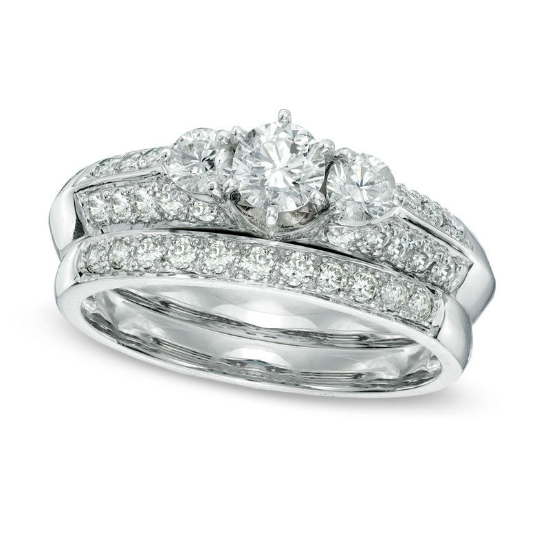 1.0 CT. T.W. Natural Diamond Three Stone Bridal Engagement Ring Set in Solid 14K White Gold