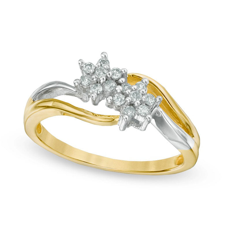 0.20 CT. T.W. Natural Diamond Double Flower Promise Ring in Solid 10K Two-Tone Gold