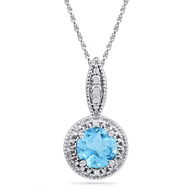 6.5mm Blue Topaz and Natural Diamond Accent Frame Pendant in Sterling Silver