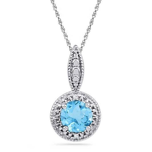 6.5mm Blue Topaz and Natural Diamond Accent Frame Pendant in Sterling Silver