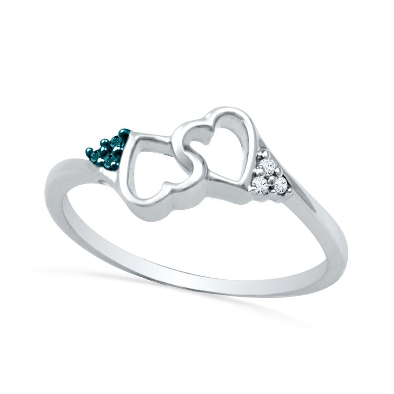 Enhanced Blue and White Natural Diamond Accent Double Heart Promise Ring in Solid 10K White Gold