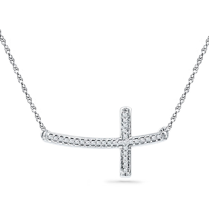 0.1 CT. T.W. Natural Diamond Sideways Curved Cross Necklace in 10K White Gold