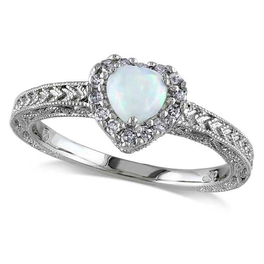 5.0mm Heart-Shaped Opal and 0.13 CT. T.W. Natural Diamond Frame Ring in Sterling Silver