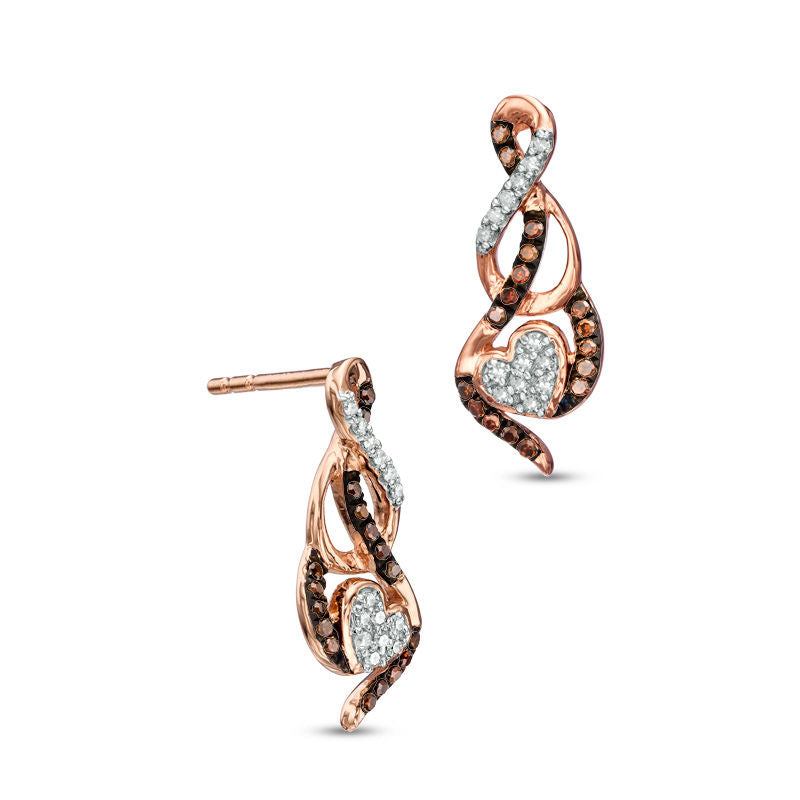 0.13 CT. T.W. Enhanced Cognac and White Diamond Heart Drop Earrings in 10K Rose Gold