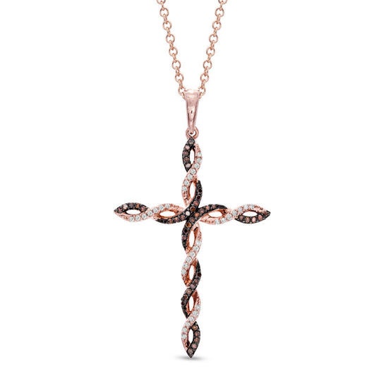 0.17 CT. T.W. Enhanced Cognac and White Natural Diamond Twisting Cross Pendant in 10K Rose Gold