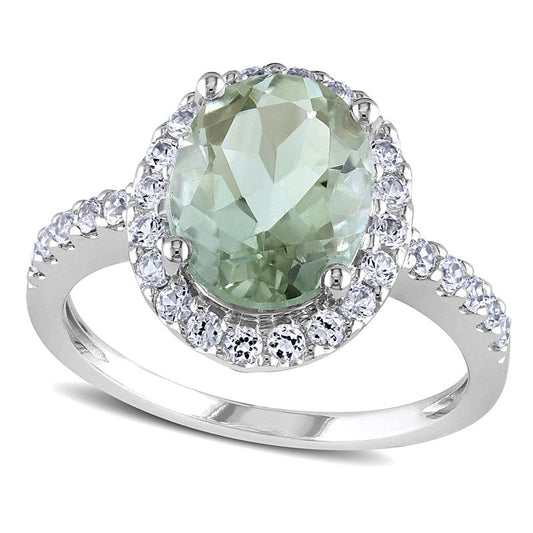 Oval Green Quartz and Lab-Created White Sapphire Frame Ring in Solid 10K White Gold