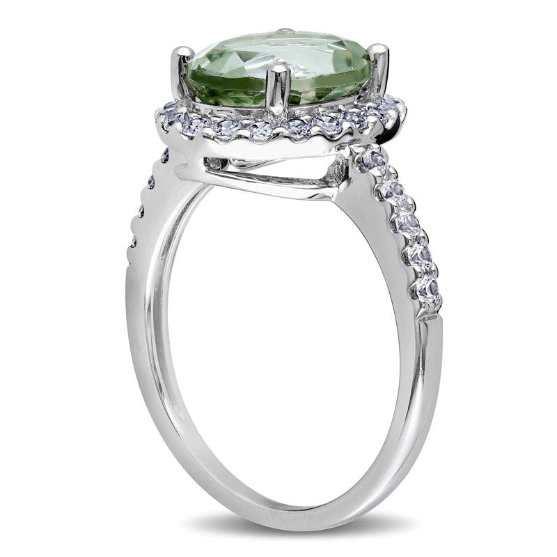 Oval Green Quartz and Lab-Created White Sapphire Frame Ring in Solid 10K White Gold