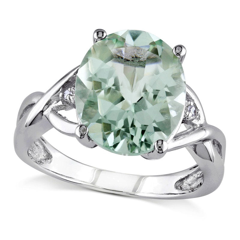 Oval Green Quartz and Natural Diamond Accent Ring in Sterling Silver