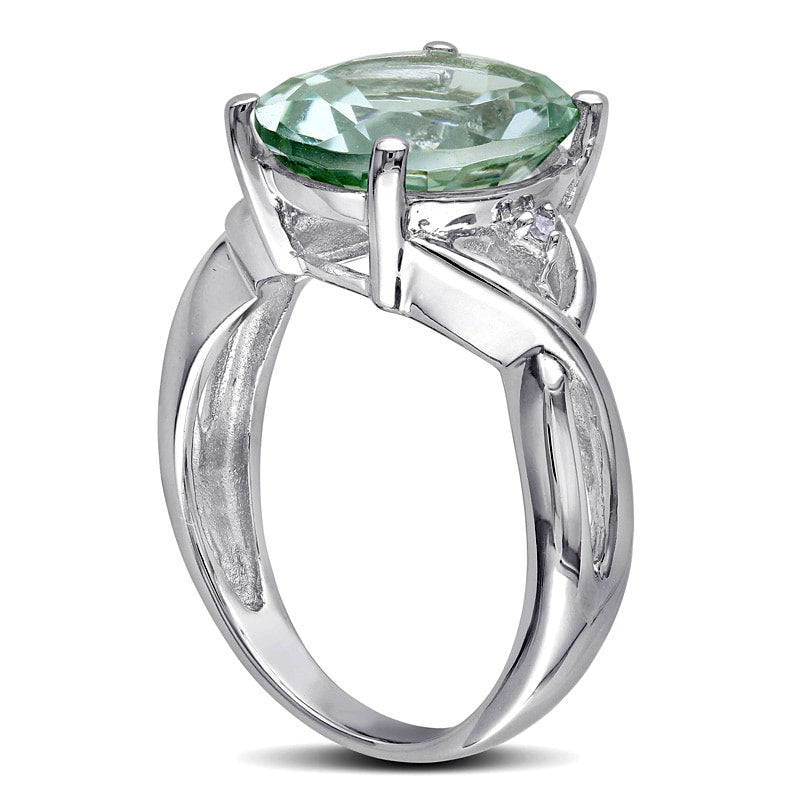 Oval Green Quartz and Natural Diamond Accent Ring in Sterling Silver