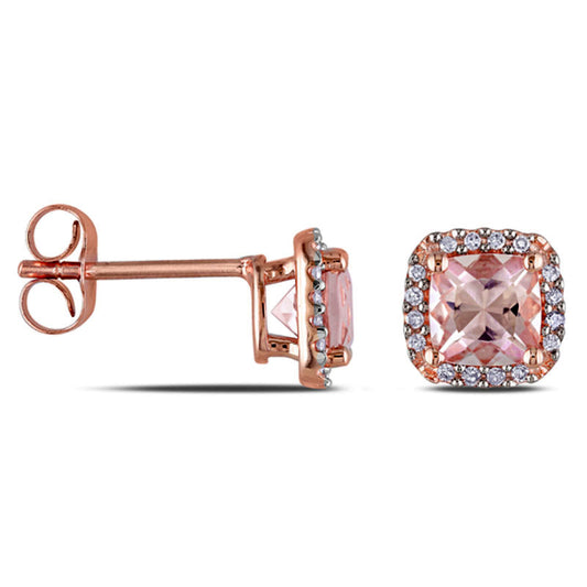 5.0mm Cushion-Cut Morganite and 0.1 CT. T.W. Diamond Frame Stud Earrings in 10K Rose Gold