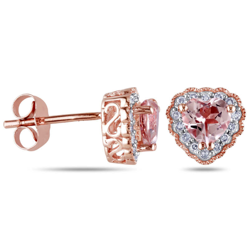 5.0mm Heart-Shaped Morganite and 0.1 CT. T.W. Diamond Frame Stud Earrings in 10K Rose Gold