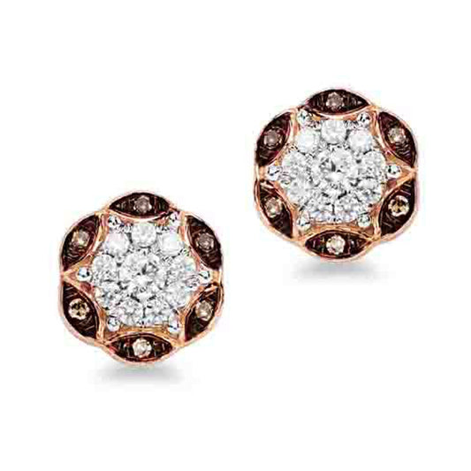 0.25 CT. T.W. Champagne and White Diamond Flower Stud Earrings in 10K Rose Gold