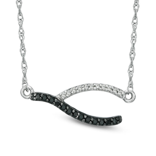 0.13 CT. T.W. Enhanced Black and White Natural Diamond Sideways Wishbone Necklace in Sterling Silver - 17"