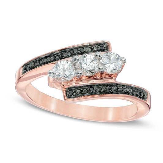 Lab-Created White Sapphire and Enhanced Black Diamond Accent Three Stone Bypass Promise Ring in Solid 10K Rose Gold