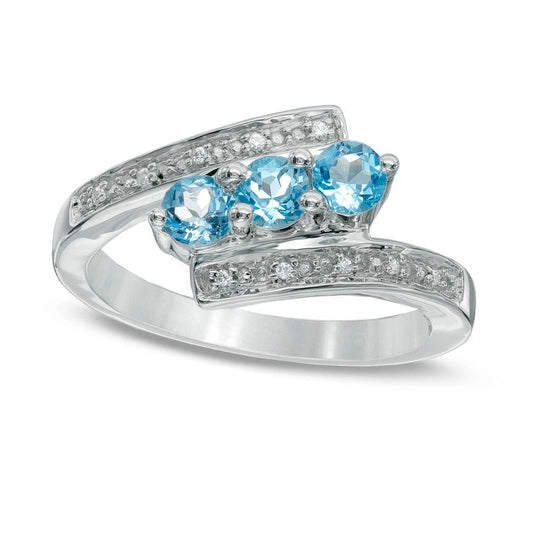 Blue Topaz and Natural Diamond Accent Three Stone Bypass Ring in Sterling Silver