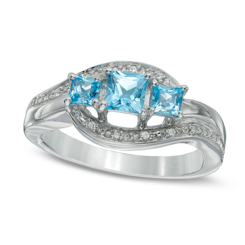 Princess-Cut Blue Topaz and Natural Diamond Accent Three Stone Swirl Promise Ring in Sterling Silver