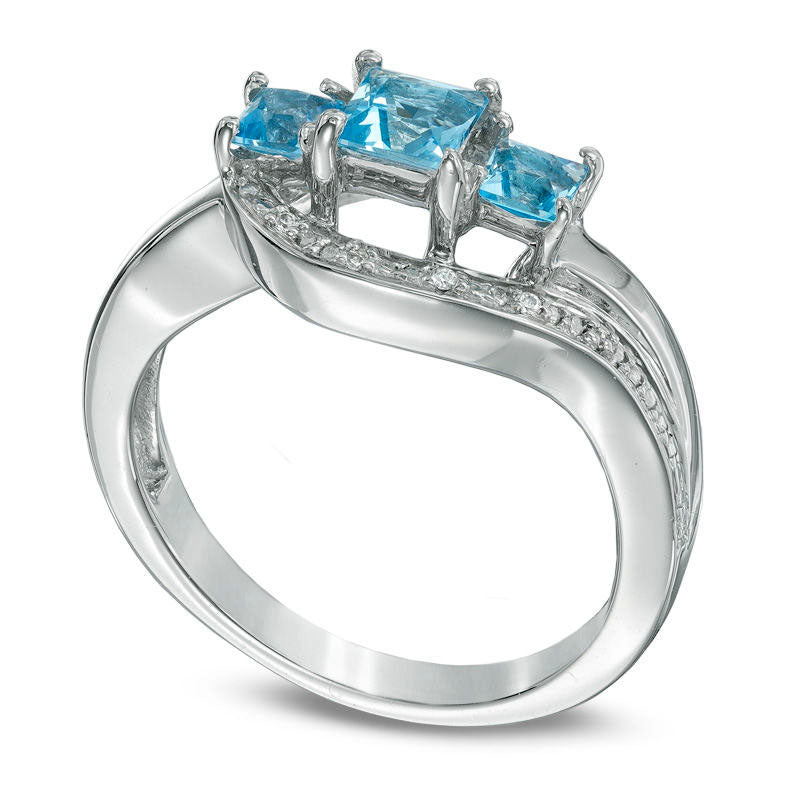 Princess-Cut Blue Topaz and Natural Diamond Accent Three Stone Swirl Promise Ring in Sterling Silver