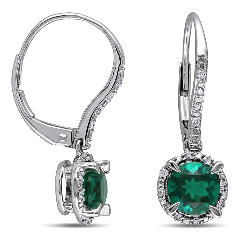 6.0mm Lab-Created Emerald and 0.1 CT. T.W. Diamond Frame Drop Earrings in 10K White Gold