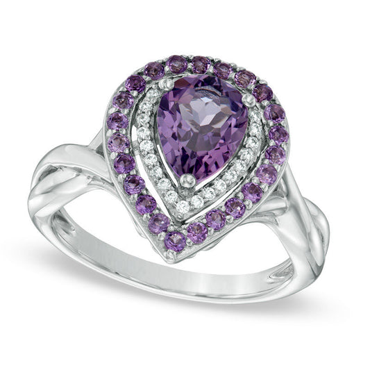 Pear-Shaped Amethyst and 0.10 CT. T.W. Natural Diamond Double Frame Ring in Sterling Silver