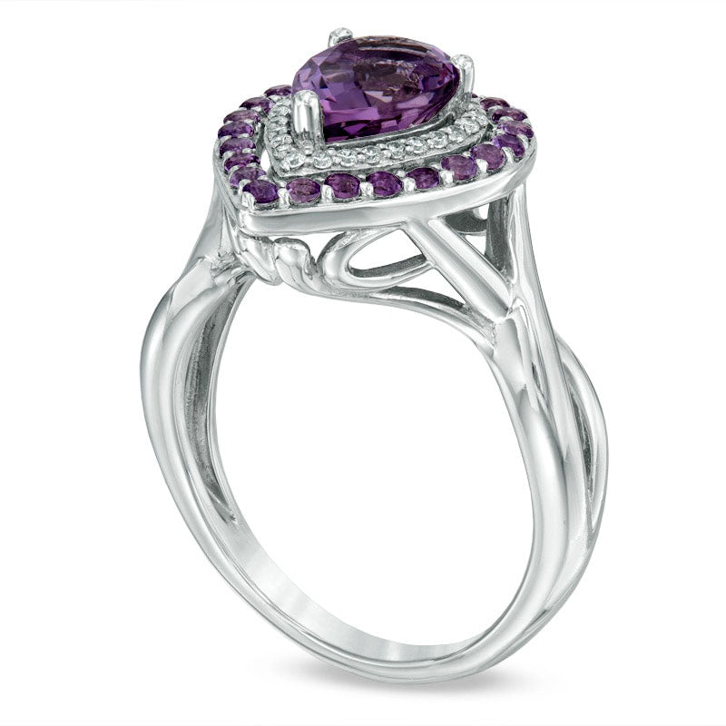 Pear-Shaped Amethyst and 0.10 CT. T.W. Natural Diamond Double Frame Ring in Sterling Silver