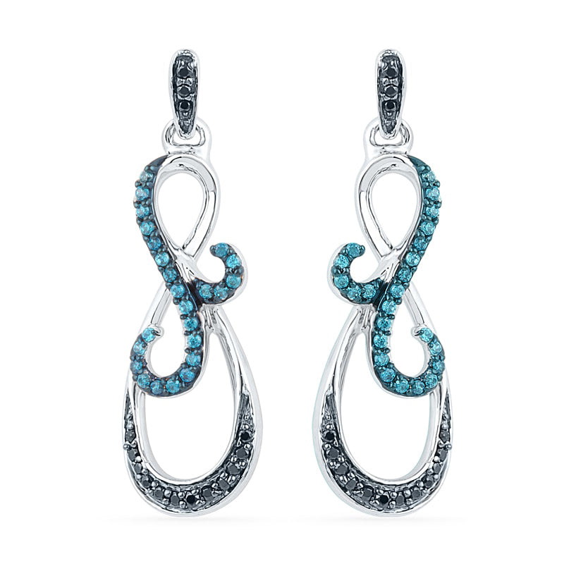 0.33 CT. T.W. Enhanced Blue and Black Diamond Looping Infinity Drop Earrings in 10K White Gold