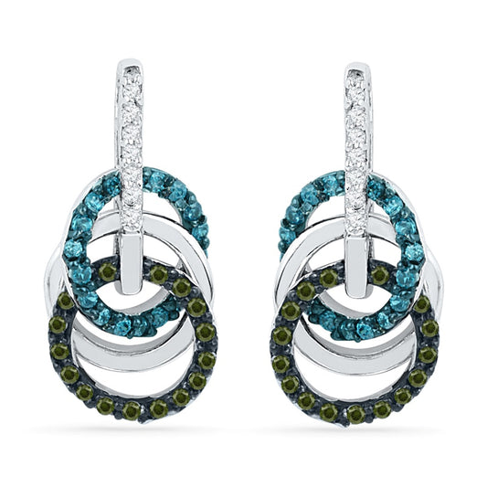 0.33 CT. T.W. Enhanced Green, Blue and White Diamond Circles Drop Earrings in 10K White Gold