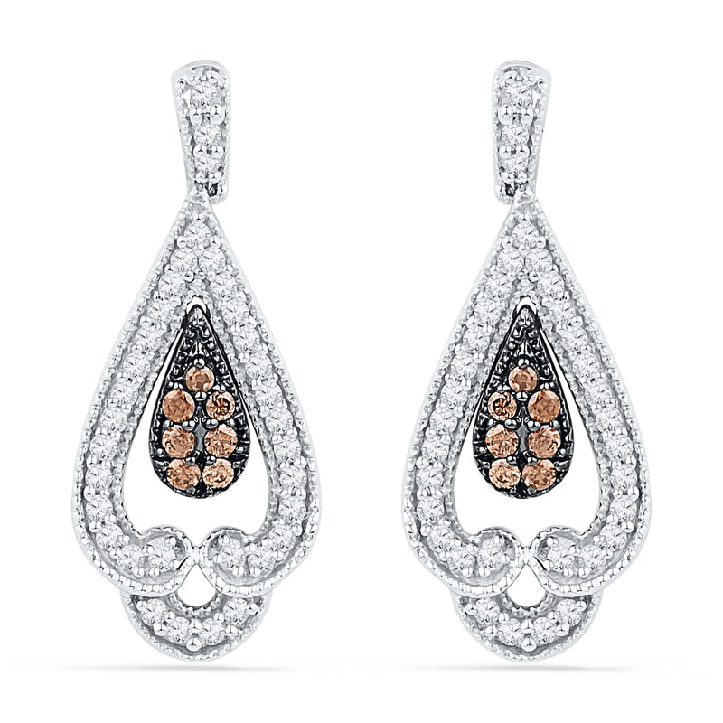 0.5 CT. T.W. Champagne and White Diamond Vintage-Style Teardrop Earrings in 10K White Gold