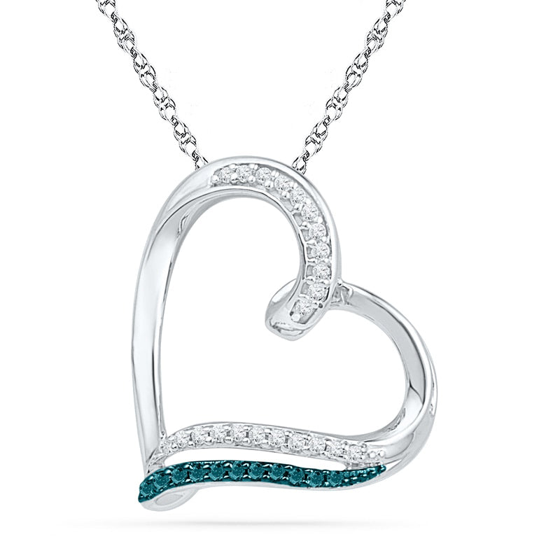 0.1 CT. T.W. Enhanced Blue and White Natural Diamond Tilted Heart Pendant in Sterling Silver