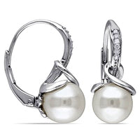 8.0 - 8.5mm Cultured Freshwater Pearl and Diamond Accent Drop Earrings in Sterling Silver