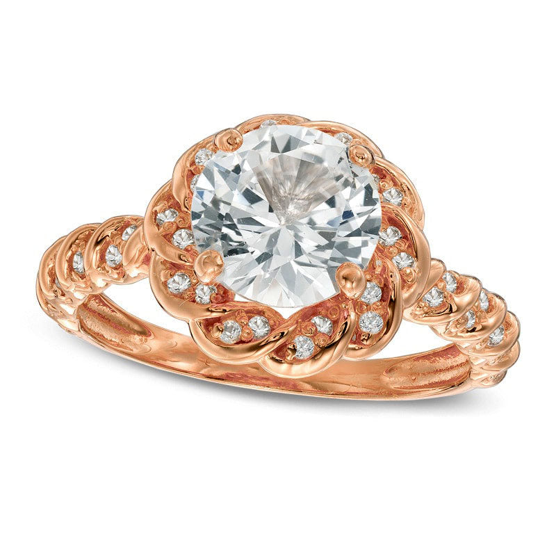 8.0mm Lab-Created White Sapphire Flower Ring in Sterling Silver with Solid 14K Rose Gold Plate