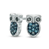 0.1 CT. T.W. Enhanced Blue and Black Diamond Owl Stud Earrings in Sterling Silver