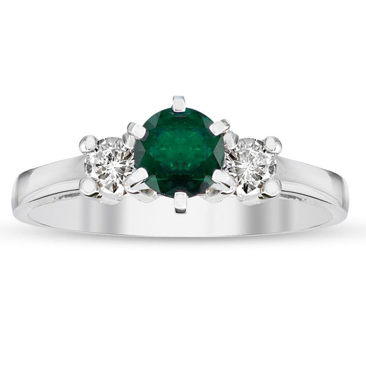 5.0mm Emerald and 0.20 CT. T.W. Natural Diamond Engagement Three Stone Ring in Solid 14K White Gold