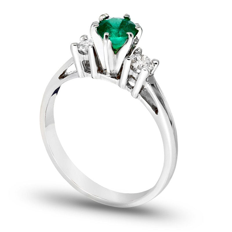 5.0mm Emerald and 0.20 CT. T.W. Natural Diamond Engagement Three Stone Ring in Solid 14K White Gold