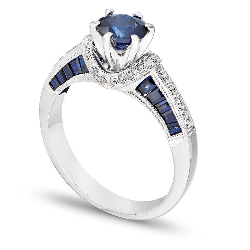 6.0mm Blue Sapphire and 0.17 CT. T.W. Natural Diamond Engagement Ring in Solid 14K White Gold