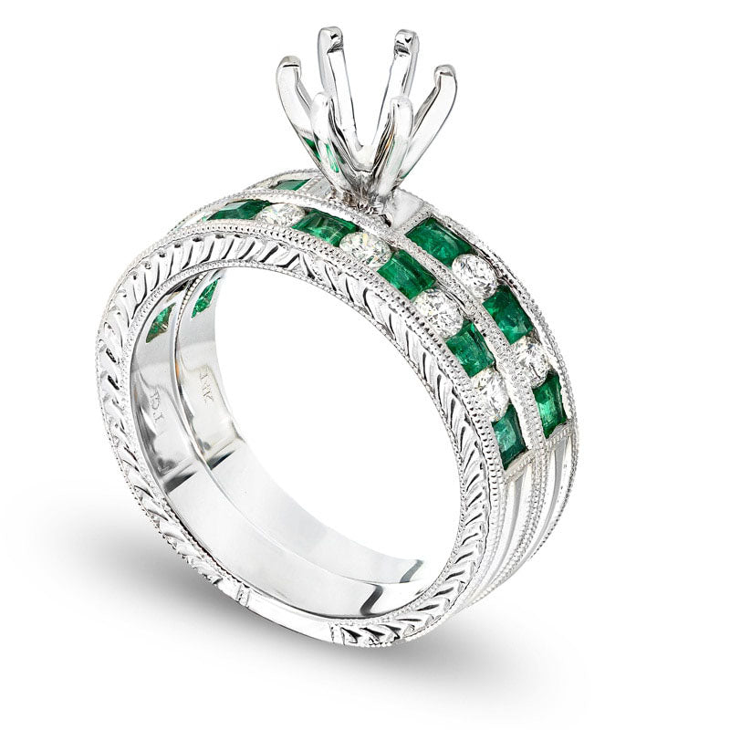 Princess-Cut Emerald and 0.50 CT. T.W. Natural Diamond Semi-Mount Bridal Engagement Ring Set in Solid 14K White Gold