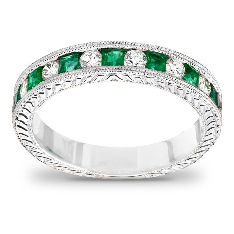 Princess-Cut Emerald and 0.50 CT. T.W. Natural Diamond Semi-Mount Bridal Engagement Ring Set in Solid 14K White Gold