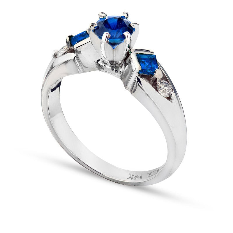 5.0mm Blue Sapphire and 0.10 CT. T.W. Natural Diamond Engagement Ring in Solid 14K White Gold