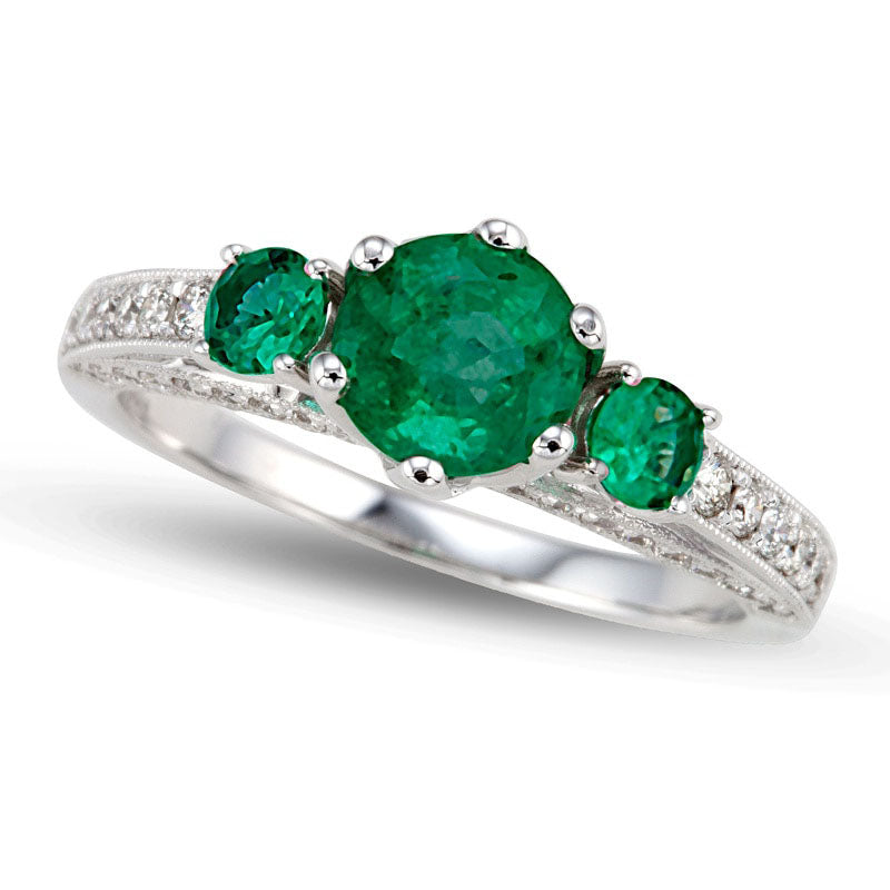 6.0mm Emerald and 0.38 CT. T.W. Natural Diamond Engagement Three Stone Ring in Solid 14K White Gold