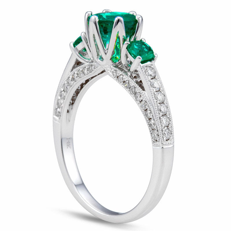 6.0mm Emerald and 0.38 CT. T.W. Natural Diamond Engagement Three Stone Ring in Solid 14K White Gold